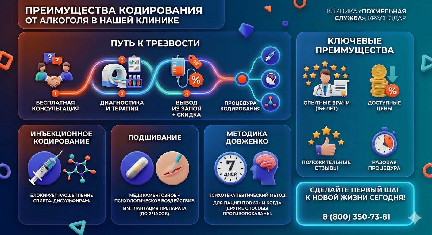 Инфографика о методах кодирования от алкоголя в Камышлове: инъекции, подшивание, метод Довженко. Преимущества клиники и этапы лечения.