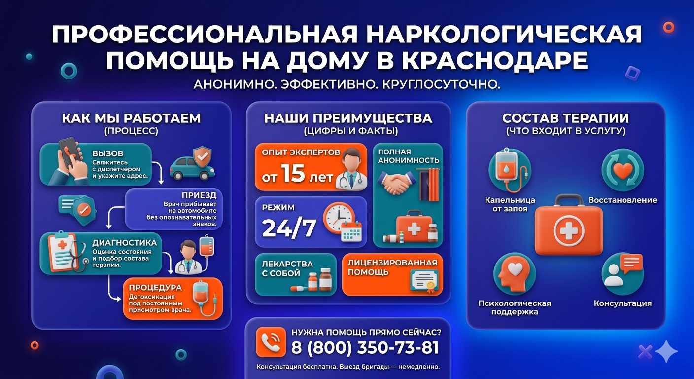 Инфографика о принципах лечения алкоголизма на дому в Камышлове: этапы вызова нарколога, преимущества анонимной детоксикации и состав медицинской помощи.